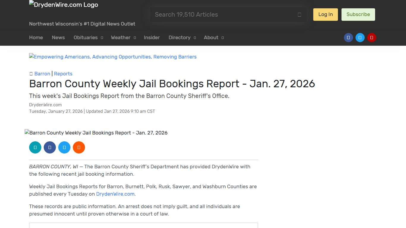 Barron County Weekly Jail Bookings Report - Jan. 27, 2026 Recent News DrydenWire.com