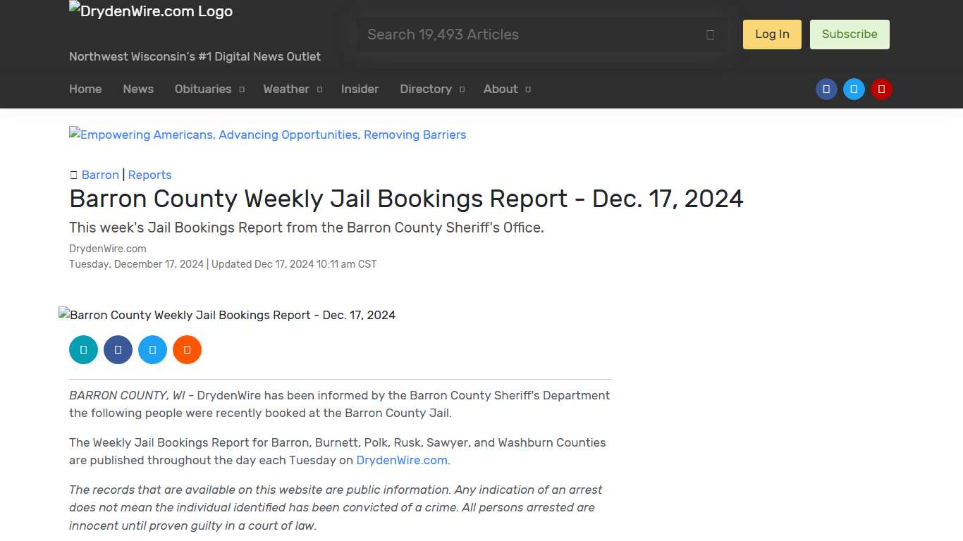 Barron County Weekly Jail Bookings Report - Dec. 17, 2024 Recent News DrydenWire.com